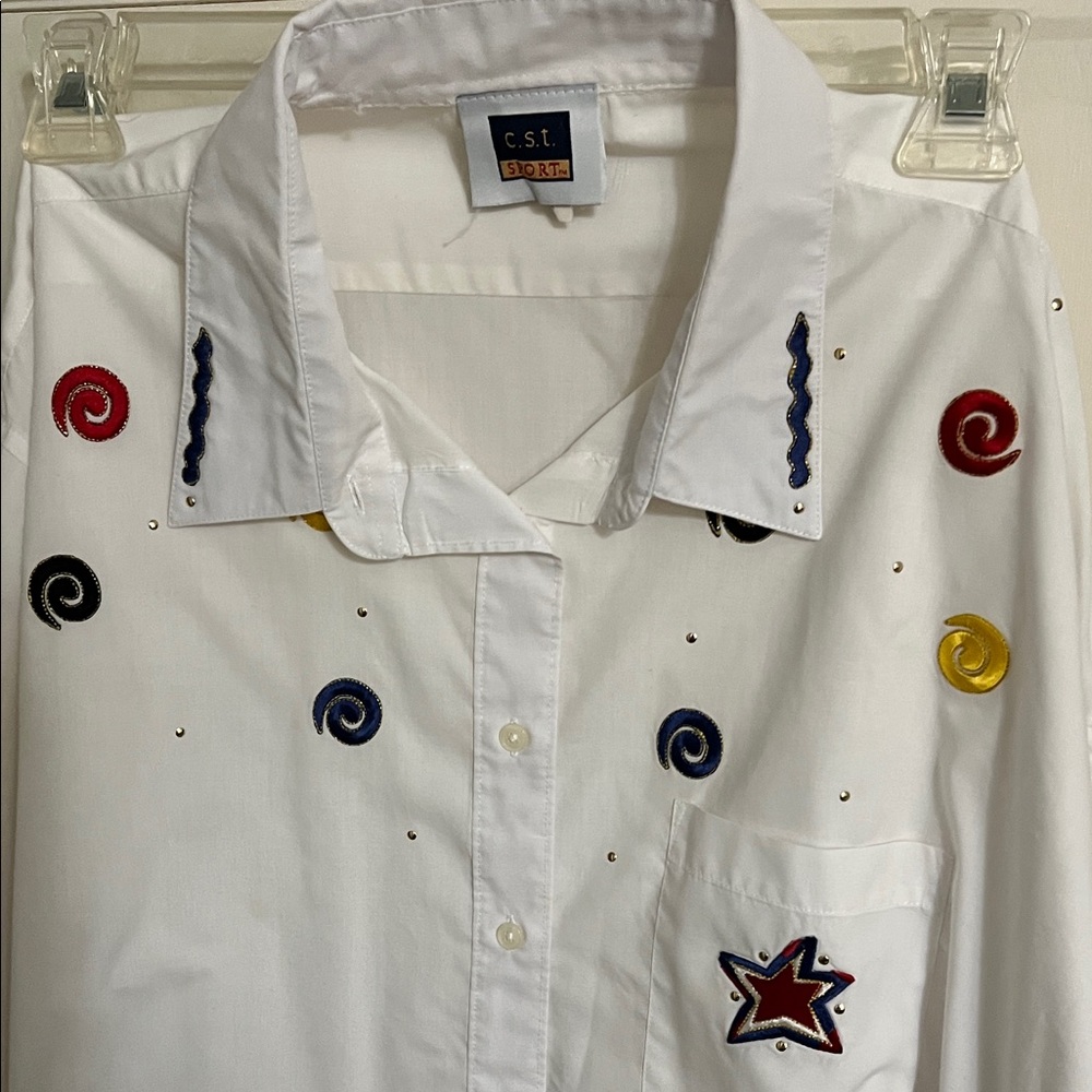 Embellished White Button-Up Blouse with Multicolor Swirl Accents